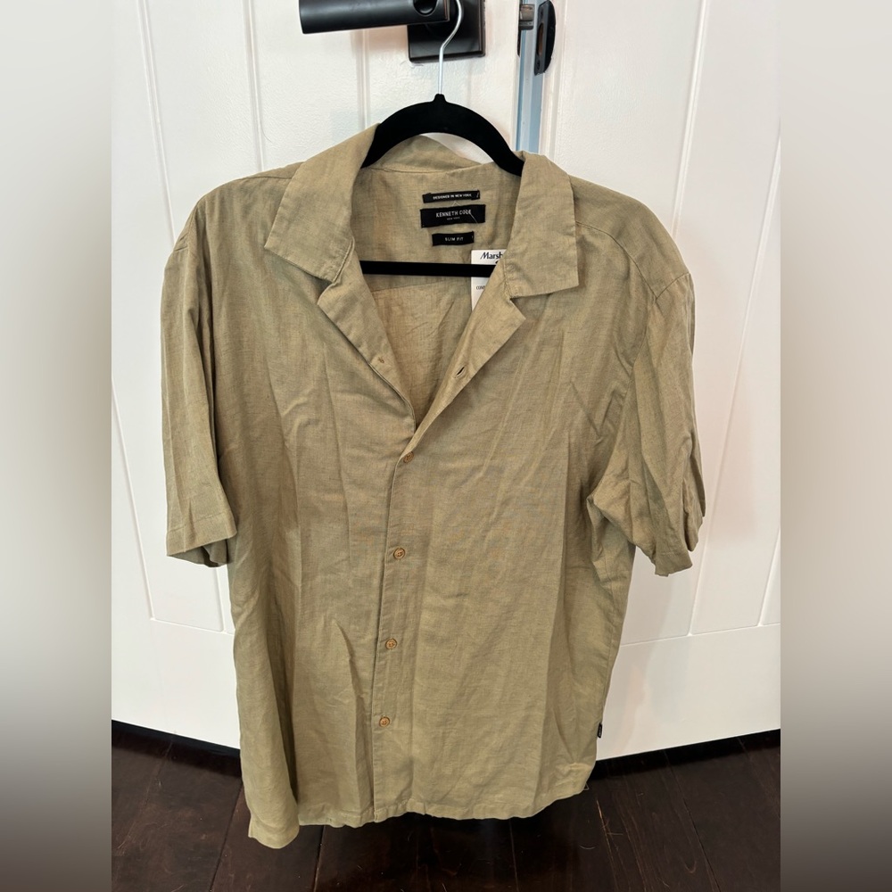 NWT Kenneth Cole Green Short Sleeve Linen Button Down Size Large